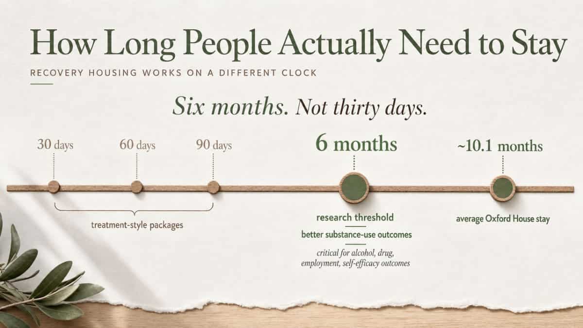 Visualize the length-of-stay research thresholds discussed in the section (6-month benchmark and ~10.1-month average Oxford House stay) as a simple timeline reference