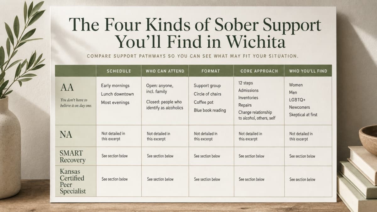 Compare the four sober support pathways described in this section (AA, NA, SMART Recovery, Kansas Certified Peer Specialist) so readers can quickly see which fits their situation