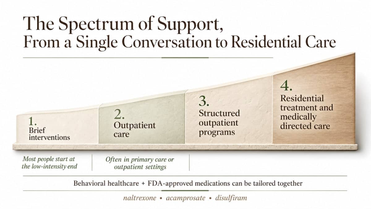 Visualize the NIAAA-described continuum of alcohol-treatment intensity levels described in this section, helping readers see that support ranges from a single conversation to residential care