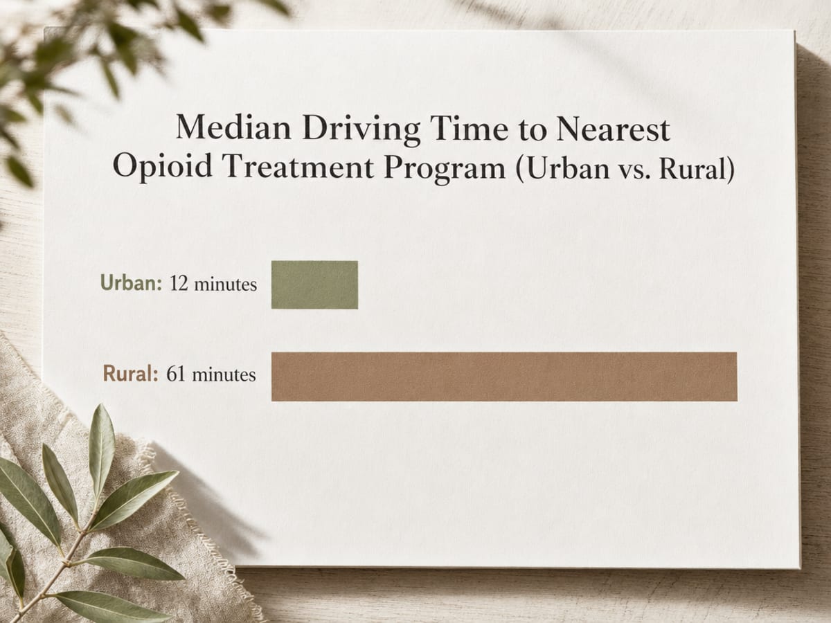 Chart showing Median Driving Time to Nearest Opioid Treatment Program (Urban vs. Rural)
