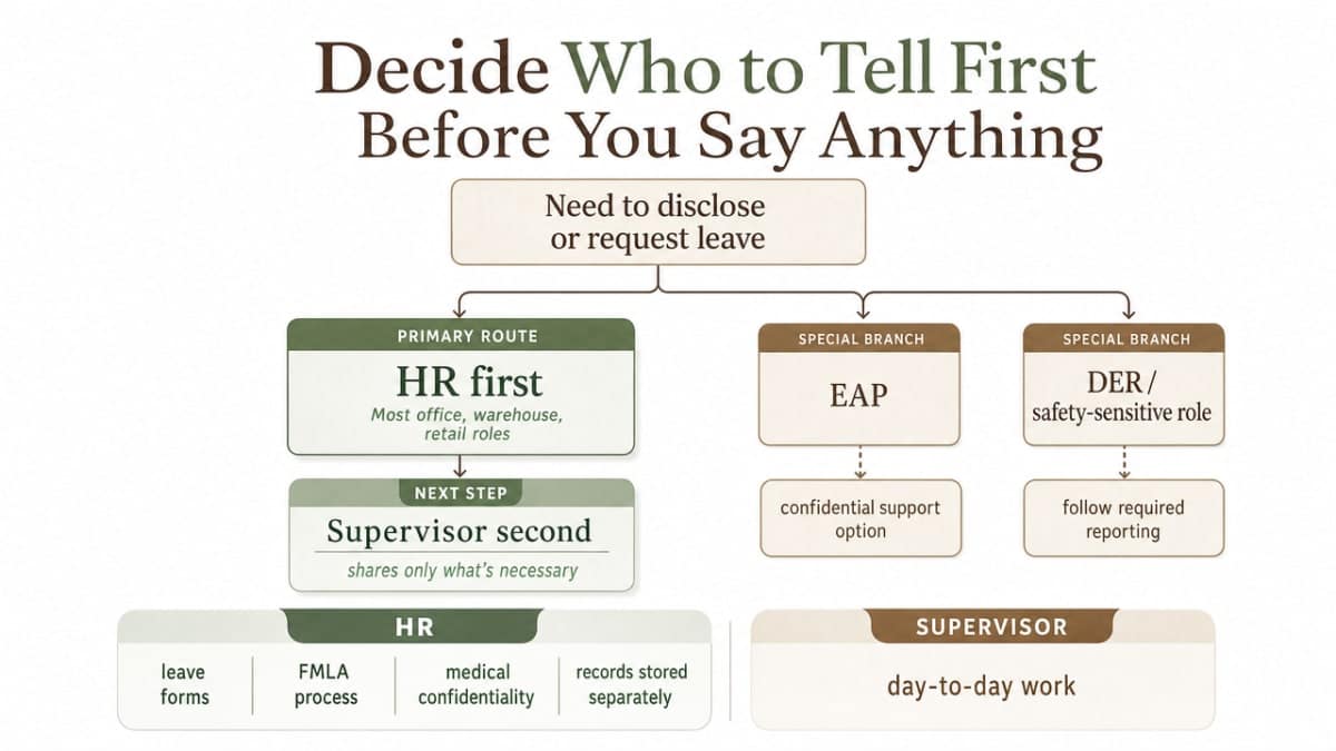 Visualize the routing decision described in this section — HR first, supervisor second, with branching for EAP and DER/safety-sensitive roles — so readers can see the order of contacts at a glance