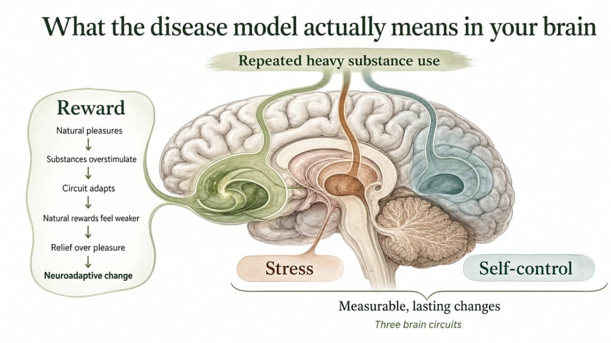 Visualize the three brain circuits (reward, stress, self-control) described in this section as the biological basis of the disease model