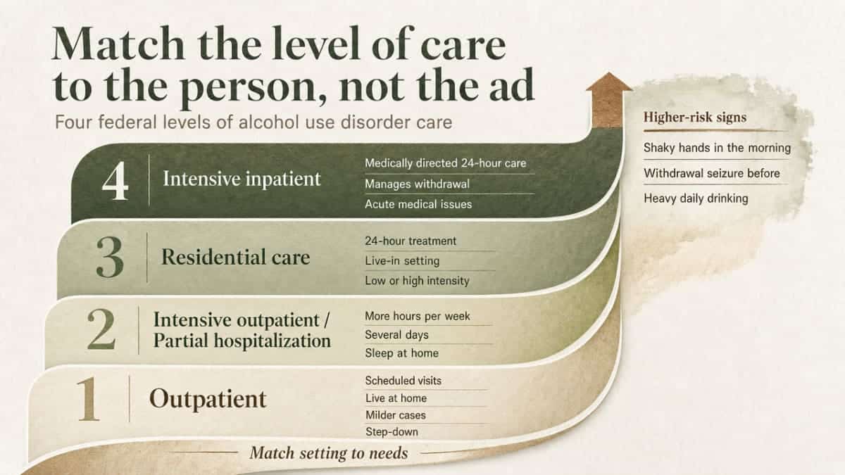Visualize the four federal levels of alcohol use disorder care described in this section so readers can match a drinking profile to the appropriate setting