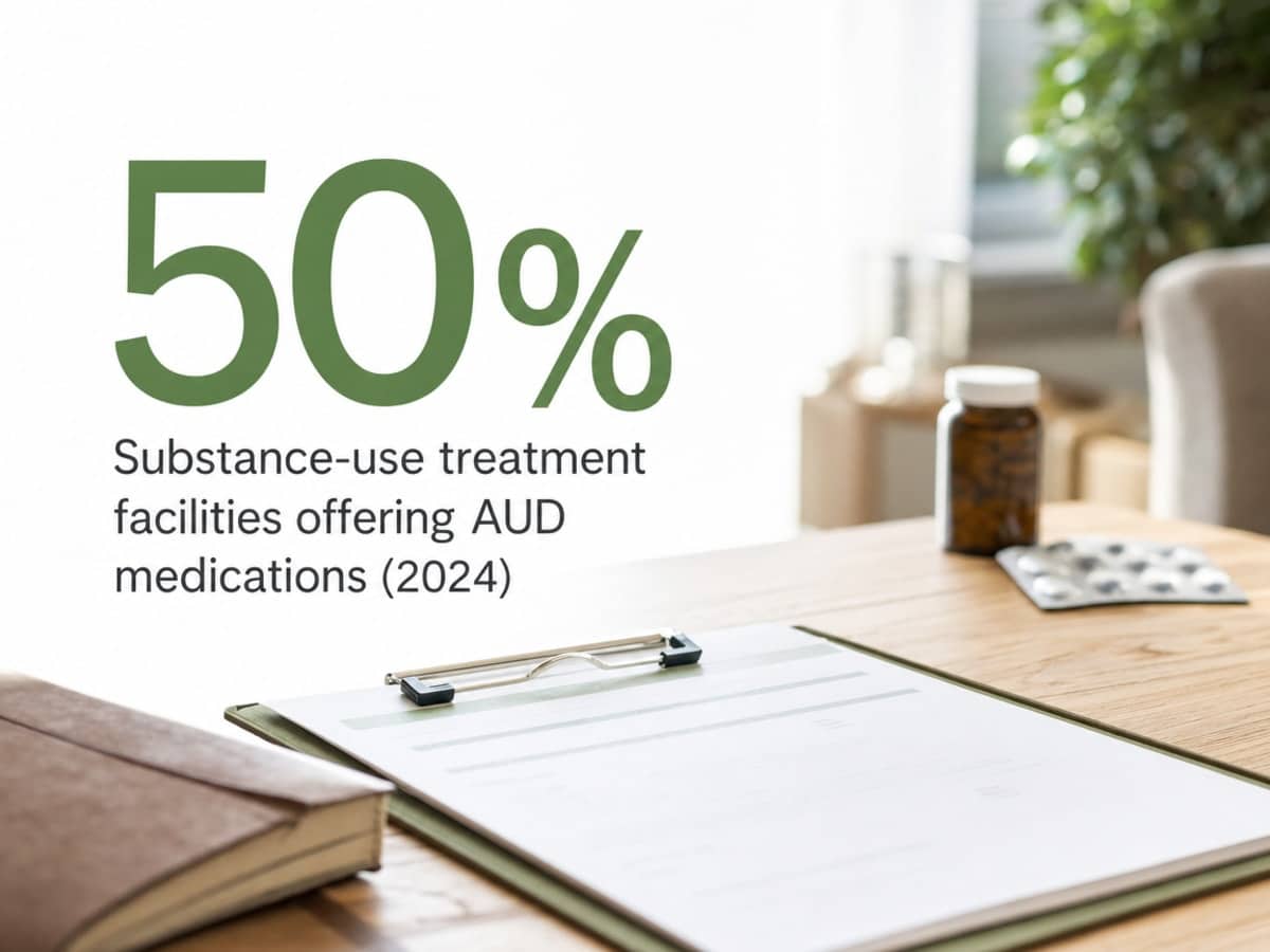 Infographic showing Substance-use treatment facilities offering AUD medications (2024)