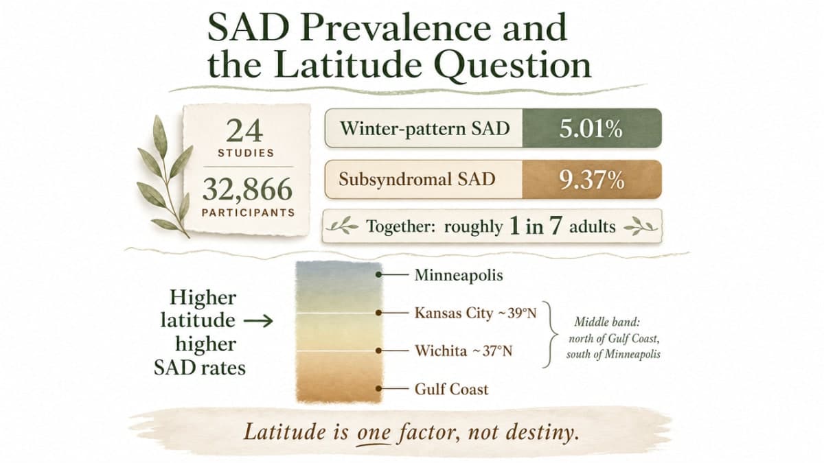 Stat visualization of pooled winter-pattern SAD and subsyndromal SAD prevalence from the 2025 meta-analysis cited in this section