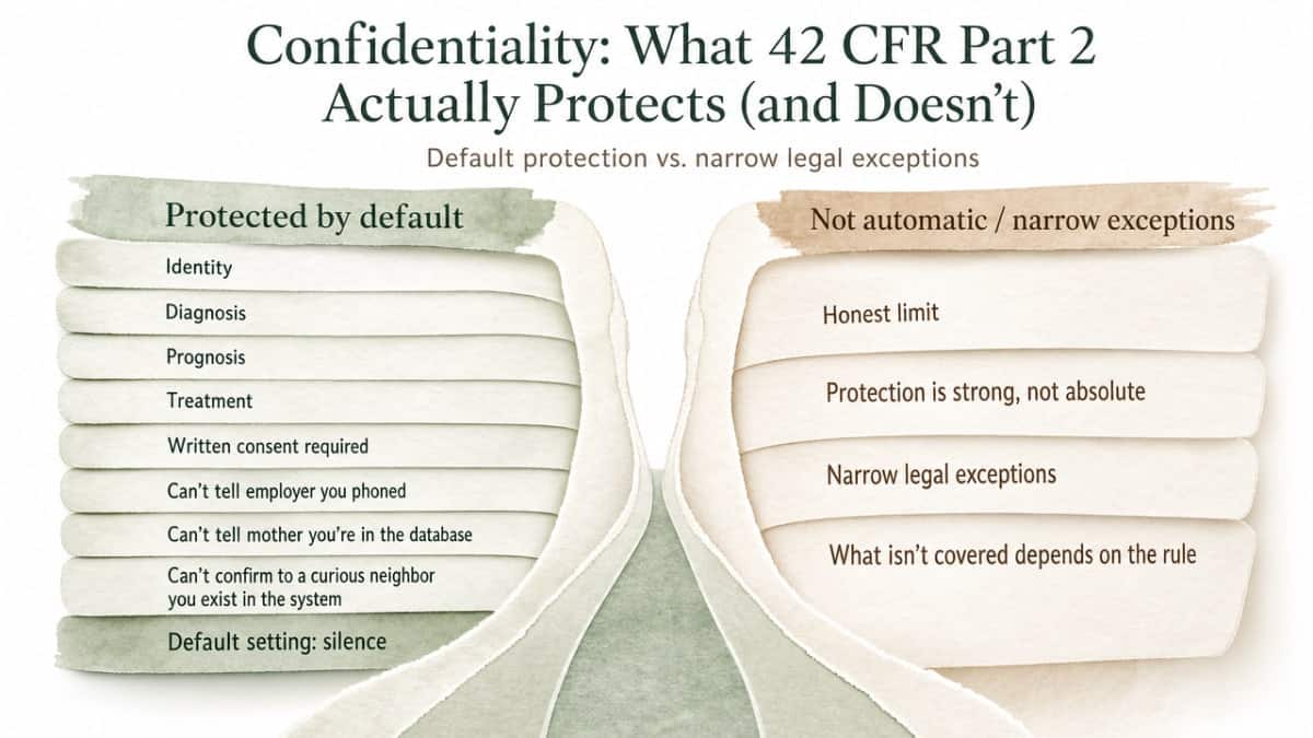 Clarify the two-sided scope of 42 CFR Part 2 discussed in this section — what is protected by default versus the narrow legal exceptions — using a comparison layout tied directly to the cited rule